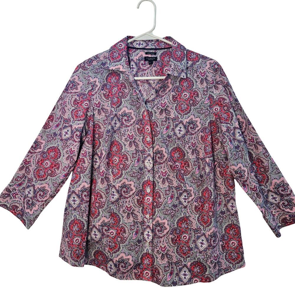 Talbots Petite 14W Paisley Button Up Blouse Pink Lavender 3/4 Sleeve